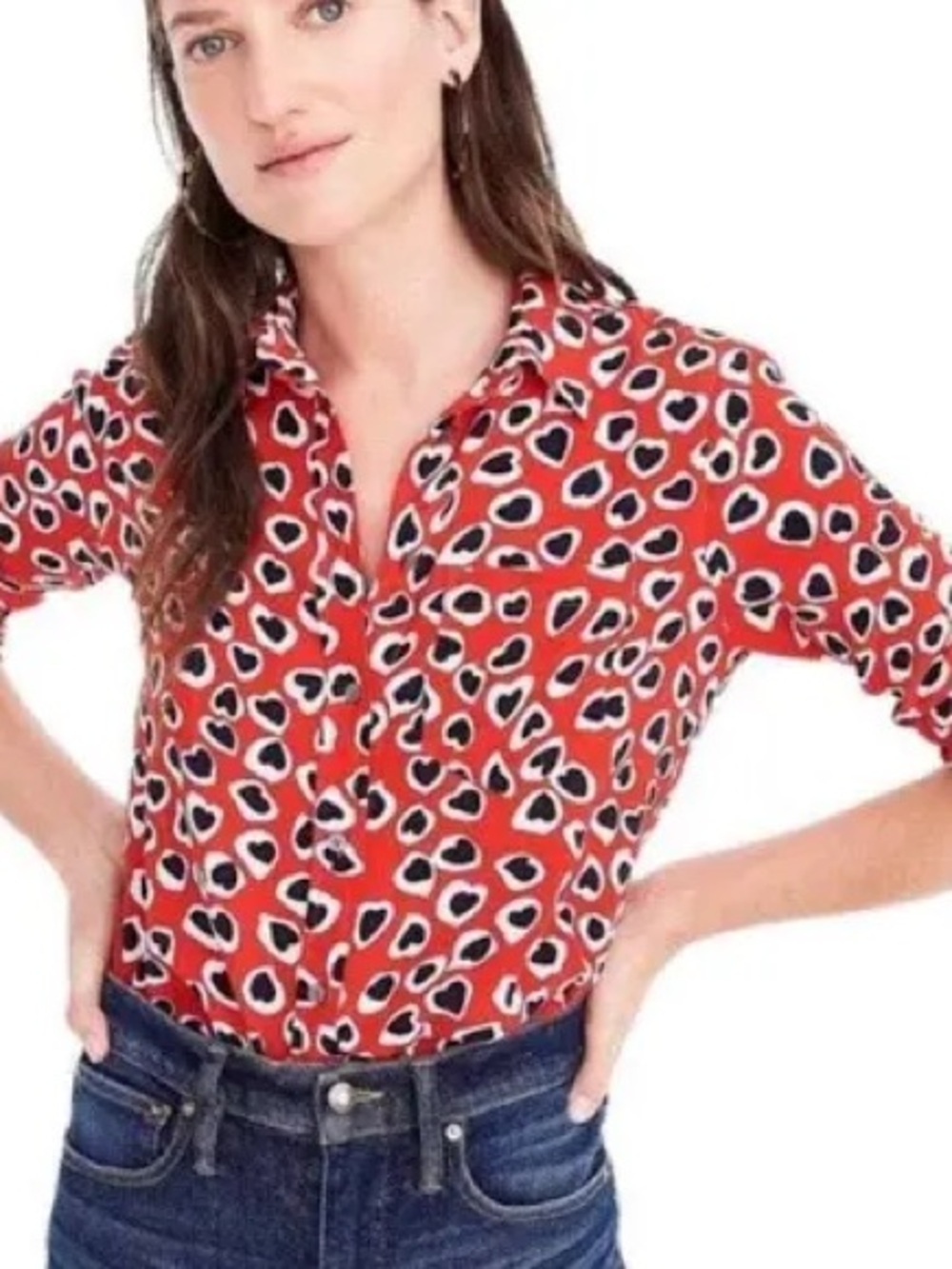 J.Crew 100% Silk Heart Print Classic Fit Boy Shirt Red Navy Ivory Size 4 NWOT